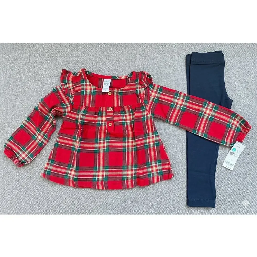 NEW! Carter's Baby 2PC Christmas Holiday Flannel Top Stretch Legging Set Size 3T